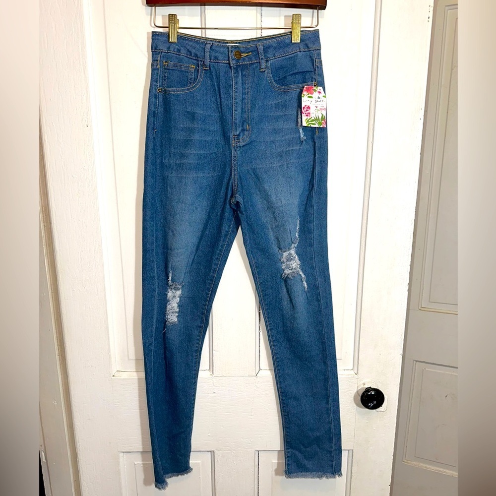 Living Doll Los Angeles LA Distressed Raw Hem High Rise Skinny Jeans Size 25
